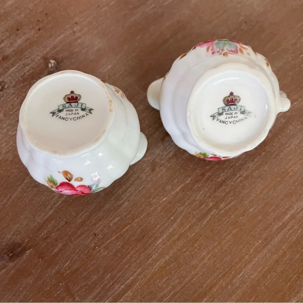 Individual Floral Cream and Sugar Set with Pink Roses Saji Japan Fancy China